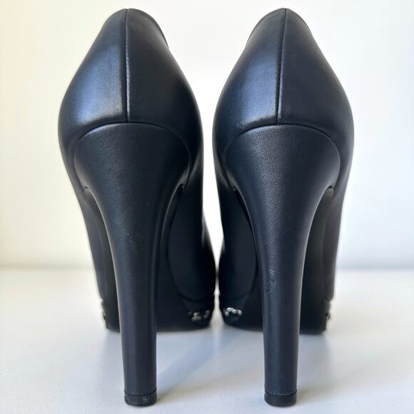 CHANEL 2015 CC Logo Cap Toe Chain Link Platform Pumps IT 39 Navy Blue - Picture 6 of 14